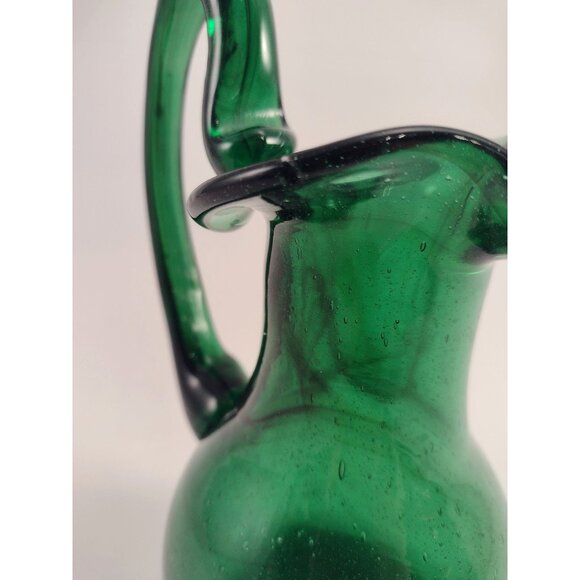 Vintage Hand-Blown Emerald Green Glass Pitcher Vase Jug Curved Handle SIGNED - Picture 8 of 11